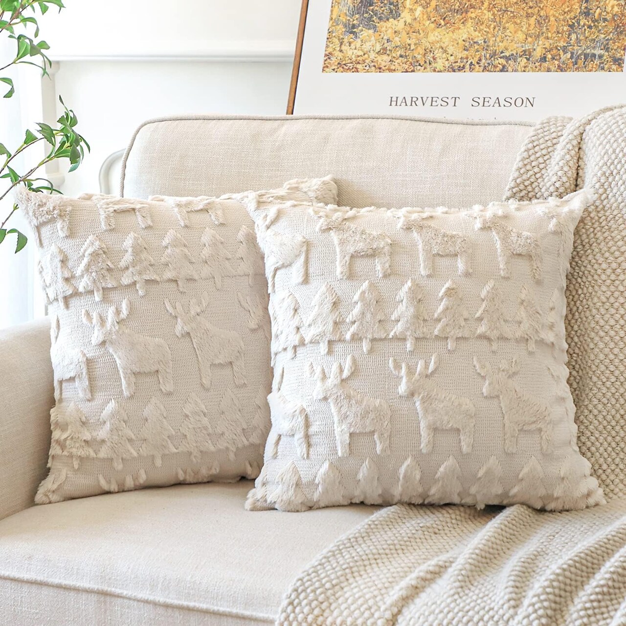 Set of 2 Xmas Soft Plush Short Wool Velvet Decorative Throw Pillow Covers Square Luxury Style Cushion Case Pillow Shell for Sofa Bedroom Christmas Tree and Elk Cream Beige, 20x20 Inch